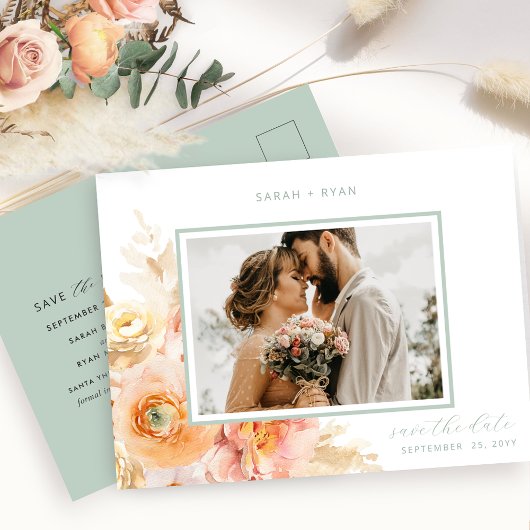 Foto Peach Blush and Sage Wedding Save the Date Ankündigungspostkarte