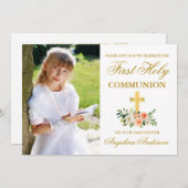 Foto Peach Floral Gold Einladung (Vorne/Hinten)