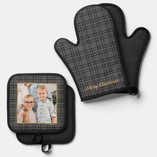 Foto Personalisiert Grau Karierter Urlaub Ofenhandschuh & Topflappen-Set (Vorderseite/Rückseite)