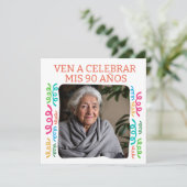 Foto Personalizada Mis 90 Años Fiesta Einladung (Stehend Vorderseite)