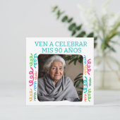 Foto Personalizada Mis 90 Años Fiesta Einladung (Stehend Vorderseite)