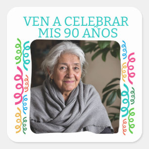 Foto Personalizada Mis 90 Años Fiesta Quadratischer Aufkleber