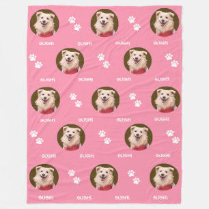Foto Pet Name Paw Prints Pink Fleece Blanket