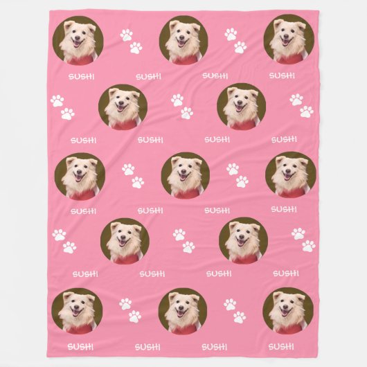 Foto Pet Name Paw Prints Pink Fleece Blanket (Vorderseite)