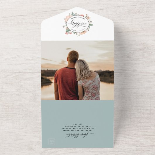 Foto, Pfirsichkorallen Botanische Hochzeitsrisse v All In One Einladung (Außenbereich)