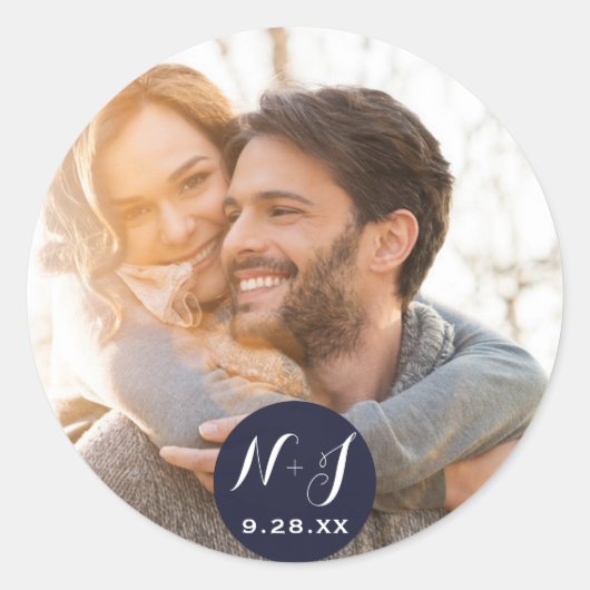Foto Picture Navy Blue Moderne Gastgeschenk Hochze Runder Aufkleber (Vorderseite)