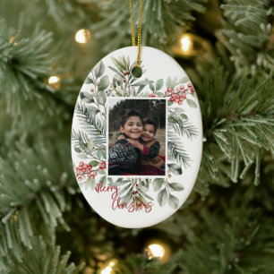 Foto Pine Greenery Holly Red Frohe Weihnachten Keramik Ornament