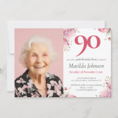 Foto Pink Aquarell Floral 90. Geburtstag Einladung (Vorderseite)
