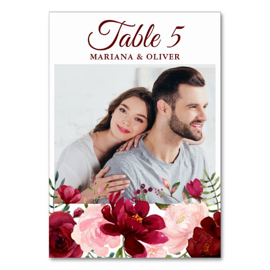 Foto Pink Burgund Blumenzwiebelhochzeit Tischnummer (Rückseite)