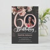 Foto Pink Floral 60. Geburtstag Custom Einladung (Stehend Vorderseite)