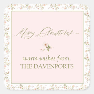 Foto Pink Floral Cottage Core Weihnachten Quadratischer Aufkleber