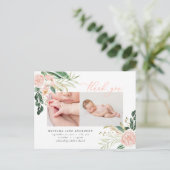Foto pink floral elegante danke der Geburt Ankündigungspostkarte (Stehend Vorderseite)