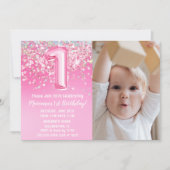 Foto Pink Glitzer 1. Geburtstag Einladung (Vorderseite)