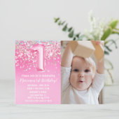 Foto Pink Glitzer 1. Geburtstag Einladung (Stehend Vorderseite)