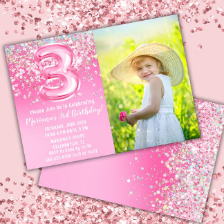 Foto Pink Glitzer 3. Geburtstag Einladung