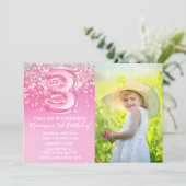 Foto Pink Glitzer 3. Geburtstag Einladung (Stehend Vorderseite)