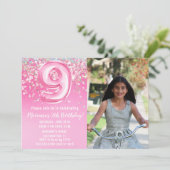 Foto Pink Glitzer 9. Geburtstag Einladung (Stehend Vorderseite)