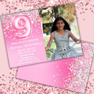 Foto Pink Glitzer 9. Geburtstag Einladung