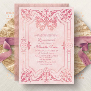 Foto Pink Gold Masquerade Quinceanera Einladung
