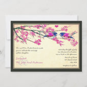 Foto Pink Navy Love Bird Kirry Blossom Hochzeit Einladung (Rückseite)