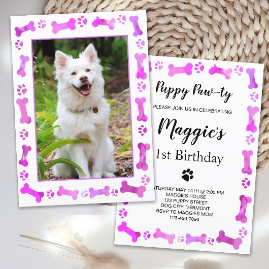 Foto Pink Paw Prints Hund Geburtstag Einladung