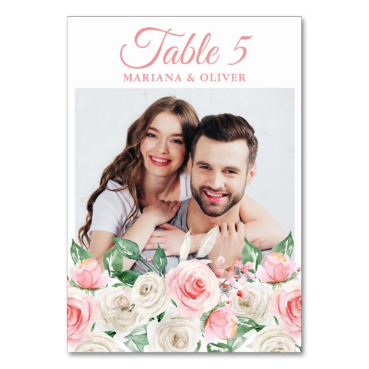 Foto Pink Peach Floral Wedding Tischnummer (Vorderseite)