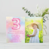 Foto Pink Rainbow 3. Geburtstag Einladung (Stehend Vorderseite)