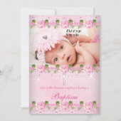 Foto Pink Rose Floral Taufe Baby Girl Einladung (Vorderseite)