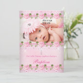 Foto Pink Rose Floral Taufe Baby Girl Einladung (Stehend Vorderseite)