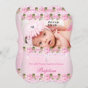 Foto Pink Rose Floral Taufe Baby Girl Einladung