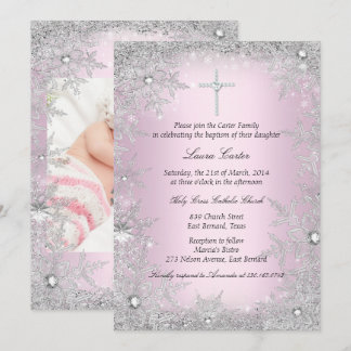 Foto Pink Silver Snowflake Taufe/Weihnachten Einladung