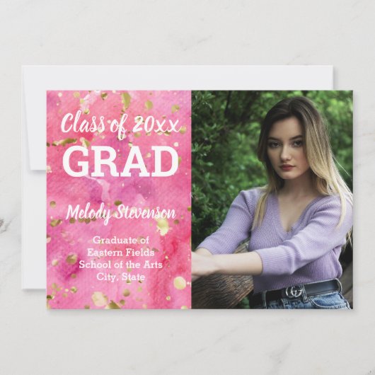 Foto Pink Wasserfarben Abschluss Einladung (Vorderseite)