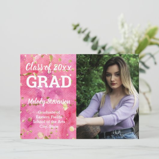 Foto Pink Wasserfarben Abschluss Einladung (Stehend Vorderseite)