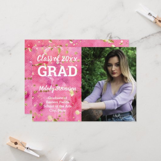 Foto Pink Wasserfarben Abschluss Einladung (Vorderseite/Rückseite Beispiel)