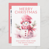 Foto Pink Weihnachts-Snowman-Urlaubskarte Einladung (Vorne/Hinten)