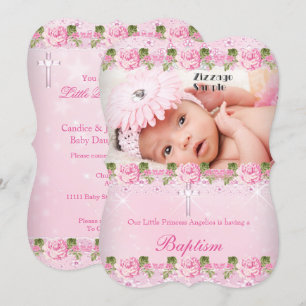 Foto Pinke Rose Florale Taufe Baby Mädchen Einladung