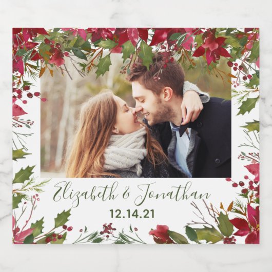 Foto Poinsettia Blumengrün Champag Schaumweinetikett (Einzelnes Label)