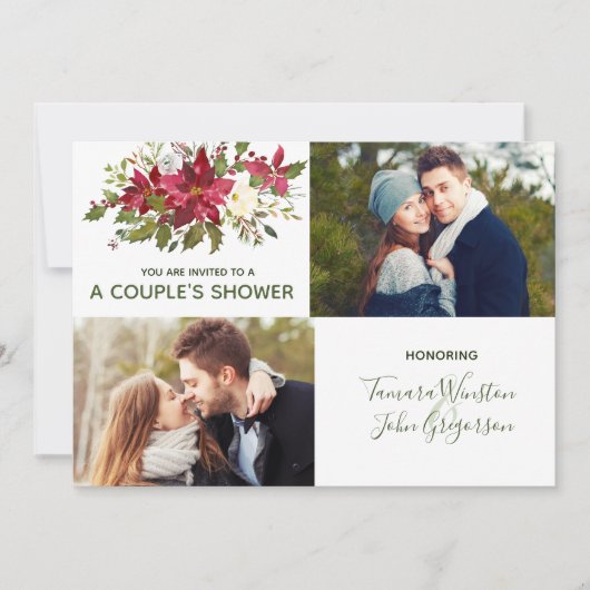 Foto Poinsettia Grüne Weihnachtspaare Dusche Einladung (Vorderseite)