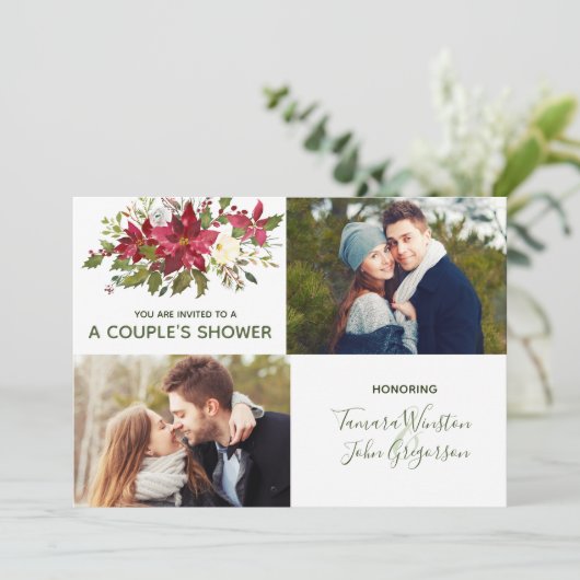 Foto Poinsettia Grüne Weihnachtspaare Dusche Einladung (Stehend Vorderseite)