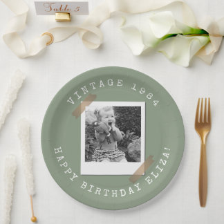 Foto Polaroid Vintage Geburtstag Sage Green Pappteller