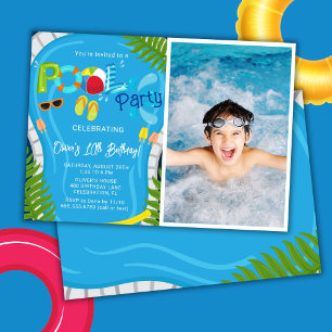 Foto-Poolparty Sommer-Jungen-Geburtstagsfeier Einladung