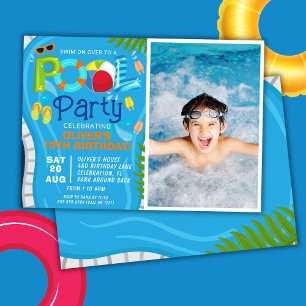 Foto-Poolparty Sommer-Jungen-Geburtstagsfeier Einladung