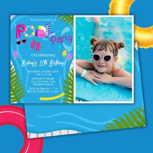 Foto-Poolparty-Sommer-Mädchen-Geburtstagsfeier Einladung