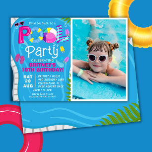 Foto-Poolparty-Sommer-Mädchen-Geburtstagsfeier Einladung