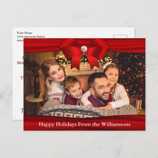 Foto Postcard Red Ribbon Diamond Happy Holidays Postkarte (Vorne/Hinten)