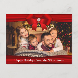 Foto Postcard Red Ribbon Diamond Happy Holidays Postkarte