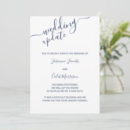 Foto Postponement Card Blaues Skript Hochzeitsaktu Einladung (Stehend Vorderseite)