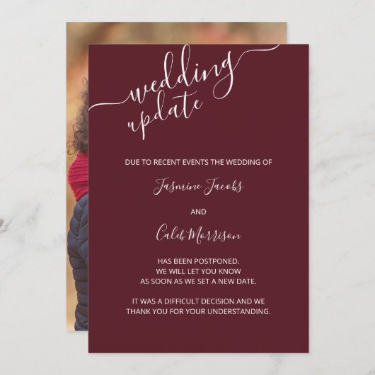 Foto Postponement Card Burgundy Hochzeit Update Einladung (Vorne/Hinten)