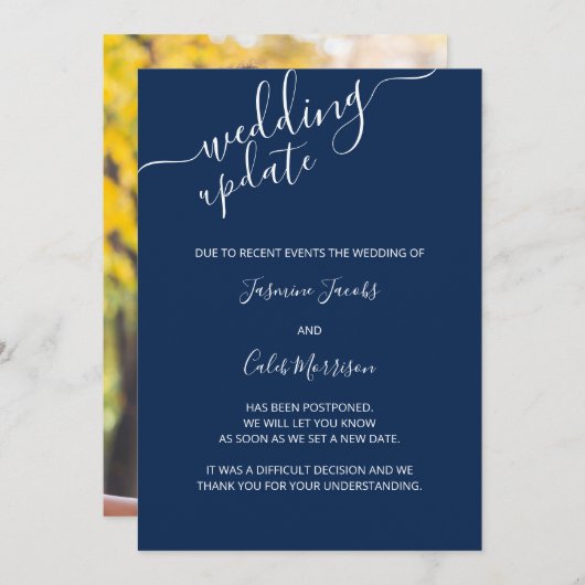 Foto Postponement Card Navy Blue Wedding Update Einladung (Vorne/Hinten)