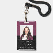 Foto Press Pass Burgundy Black ID Abzeichen Ausweis (Vorderseite mit Lanyard)